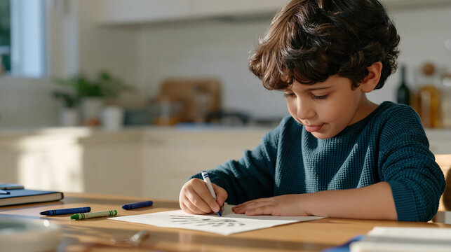 Armenian boy around five years old carefully tracing his own handprint onto paper with a crayon, tongue pressed to the corner of his mouth in concentration, kitchen table setting,