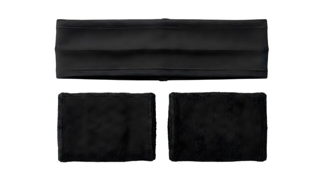 Three black velvet fabric pieces isolated on transparent background