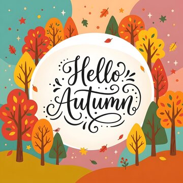 Hello autumn greeting card with colorful trees and leaves