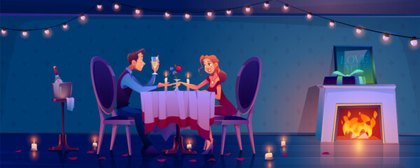 Fototapeta premium Fireplace in cozy cartoon room interior with vintage wall decorations and warm candle light. Romantic house with restaurant chairs, wooden table and fancy garland for indoor date night scene.