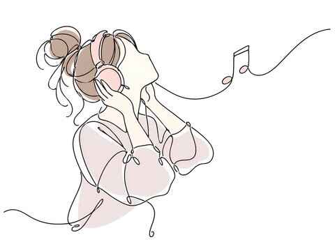 ヘッドホンをして音楽を楽しむ女性の線画イラスト
