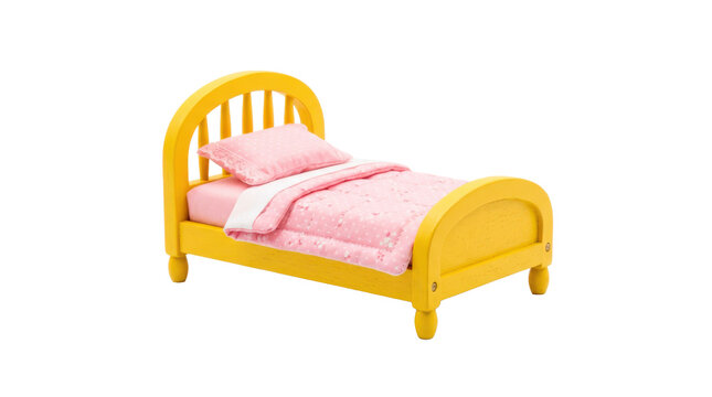 Yellow miniature bed with a compact toy-scale frame, rounded headboard, pink bedding neatly fitted into the design, and cheerful dollhouse furniture styling. Photorealistic studio product photography,