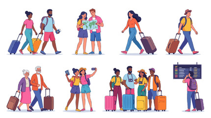 Fototapeta premium Travelers and Tourists with Luggage – Vacation, Tourism and Travel Vector Illustration Set.