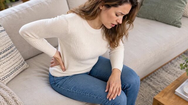 Woman sitting on a sofa and holding her lower back in pain. Home healthcare scene representing backache, lumbar strain, poor posture, discomfort and chronic pain.
