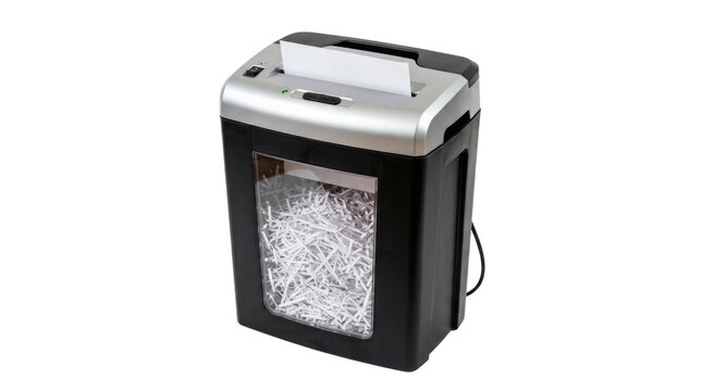Desktop paper shredder with a black plastic waste bin, silver top feeding slot, and crisp shredded paper strips visible inside. Photorealistic, front 3/4 view, vertical orientation,