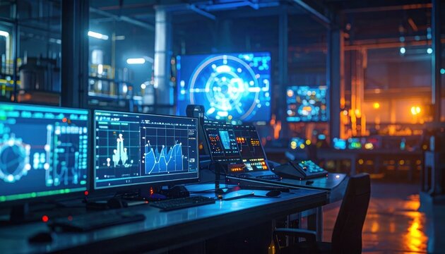 High-tech control room with multiple monitors displaying complex data, charts, and graphs, set in a futuristic industrial environment.