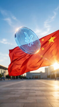 conceptual photograph of a translucent glowing digital currency network coin hovering above a fluttering Chinese national flag outdoors under clear natural sunlight. The wind gently catches 