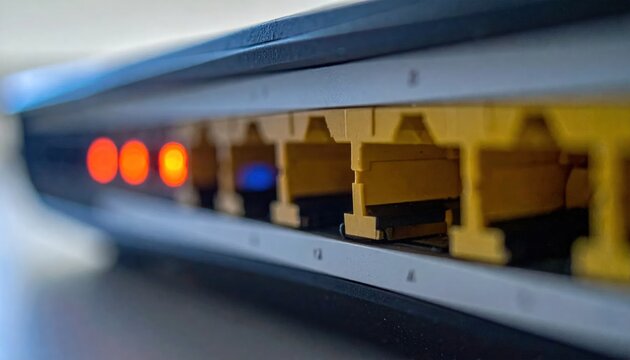 High speed network router with connected ethernet cables.