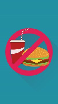Animated fast food burger and soda with forbidden sign representing unhealthy diet restriction, nutrition awareness, and junk food ban. (loopable)