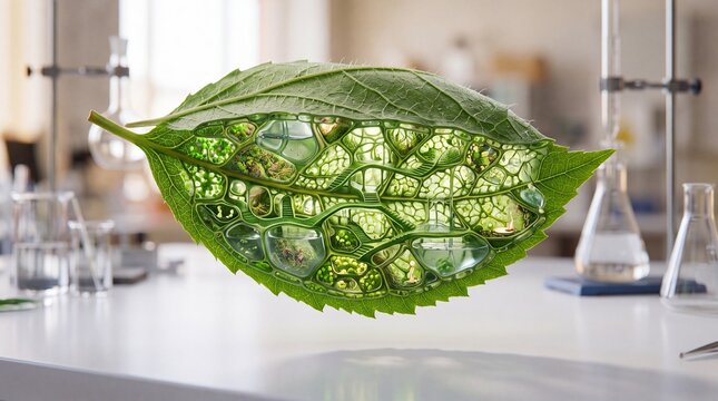 A visionary laboratory research concept featuring a green leaf structure infused with clear liquid bubbles in a science setting