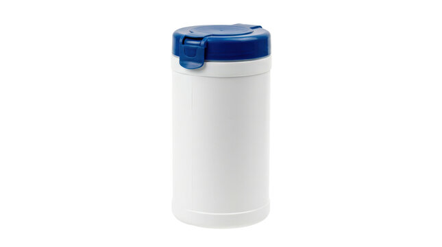 Disinfectant wipe canister with a cylindrical plastic body, secure flip-top dispensing lid and clean utilitarian design for storing pre-moistened cleaning wipes. Photorealistic product photography,