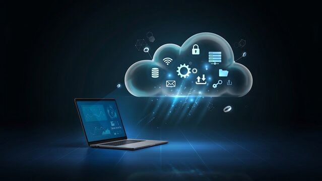 Modern laptop connected to cloud computing network with icons