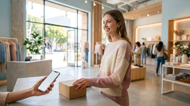 Woman picking up online order in retail store using mobile phone