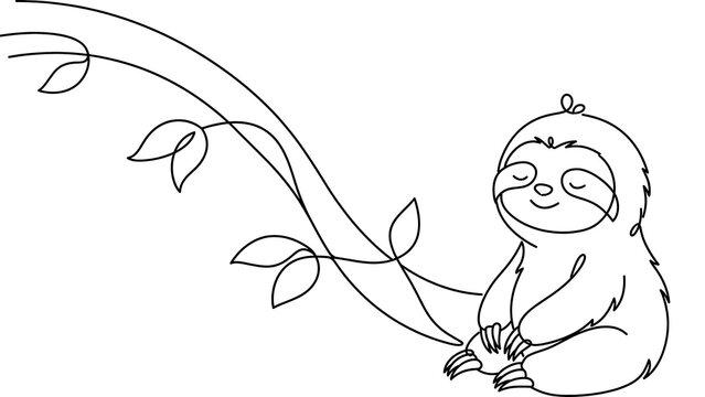 Smiling Sloth Hanging from Tree Branch white background.