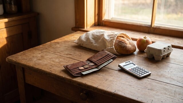 Household Finance and Grocery Budget Concept with Wallet, Coins, Calculator, and Food on Wooden Table