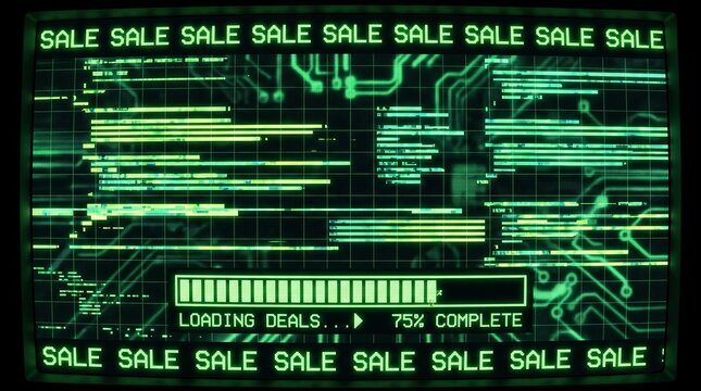 Digital sale promotion with loading bar and binary code on a green computer screen display