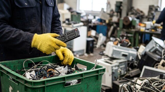 Worker Sorting Electronic Waste in Recycling Plant Holding Remote Control Above Bin with Cables and Scrap
