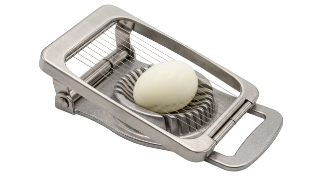 Egg slicer with a compact hinged frame, shallow oval egg cradle and parallel stainless steel cutting wires, featuring a simple practical kitchen tool design. Photorealistic product photography, 3/4