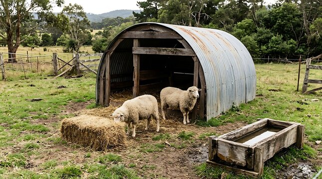 Two sheep standing near a rustic corrugated metal shelter in a grassy farm field