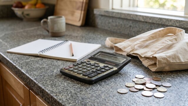 Kitchen Countertop Setup with Calculator, Coins, Open Notebook, and Cloth Grocery Bag