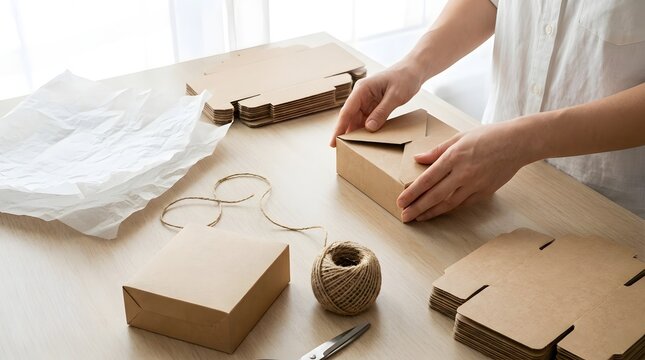 Close-up of person hands assembling eco-friendly brown cardboard boxes for packaging products at home office, small business owner preparing orders for shipping with sustainable materials.