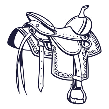 Western style leather horse saddle with ornate details, isolated on a white background, equestrian equipment