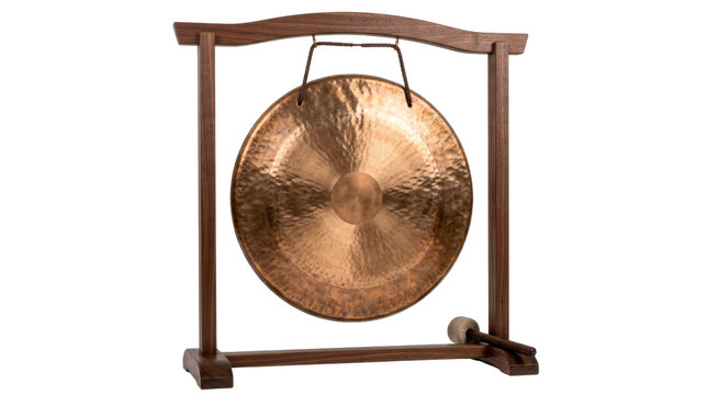 Meditation gong with a circular hammered metal disc, gently raised central area, warm bronze finish, subtle concentric texture, and refined contemplative sound-instrument craftsmanship, isolated