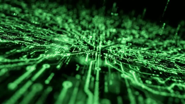 Green Digital Circuit Board Pattern Animation - A glowing green digital pattern animates and flows across a dark background, resembling a futuristic circuit board or data stream.
