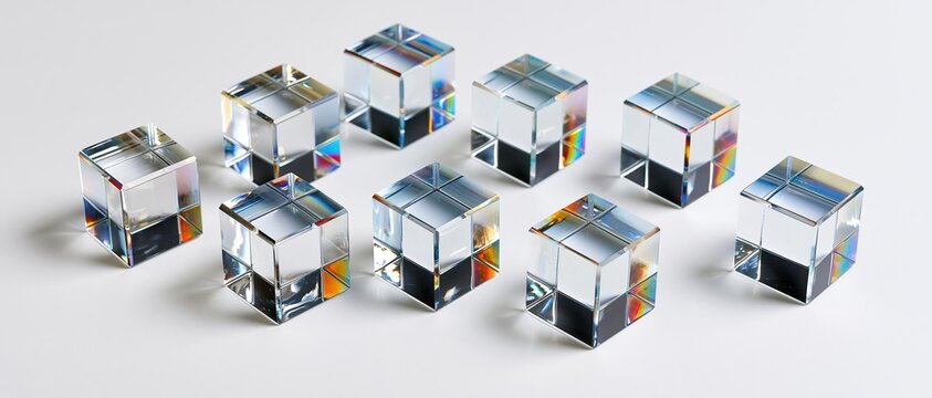 Transparent glass crystal cubes arranged in two rows on white background