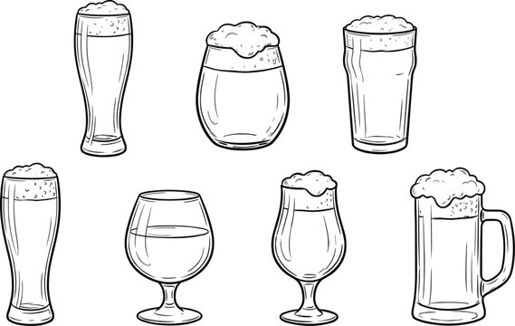 Beer glasses and mugs collection featuring different glassware types with foam head hand drawn sketch style vector illustration
