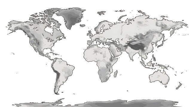 World map grayscale illustration on white background showing land elevation and continental outlines