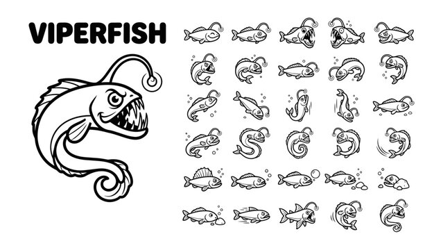 Viperfish Illustrations: A collection of black and white illustrations depicting a viperfish, showcasing its distinctive features and various poses, accompanied by a large graphic of the creature.