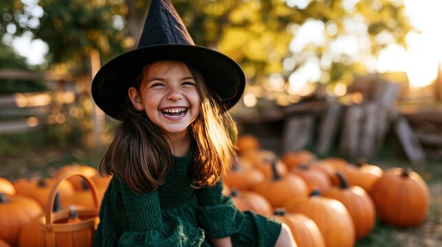 Laughing girl in witch hat sitting on pumpkins at autumn farm