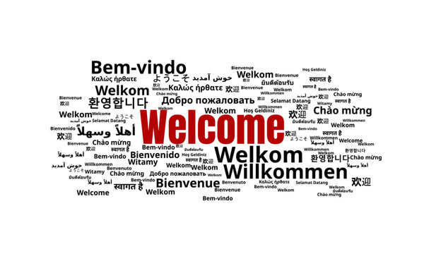 Multilingual Welcome Word Cloud Typography Concept Banner for International Hospitality