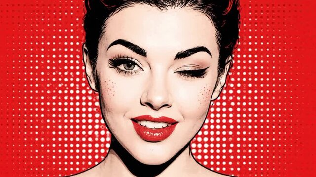 Pop art face of young beautiful woman winking with bright red background and dots pattern