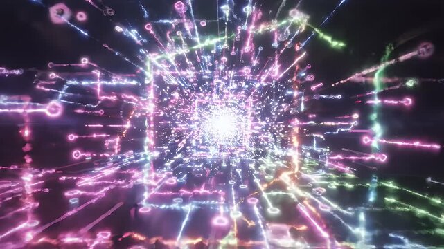 Abstract Neon Circuits on Dark Background - This abstract background features vibrant neon lines and glowing circular nodes forming intricate circuit-like patterns.