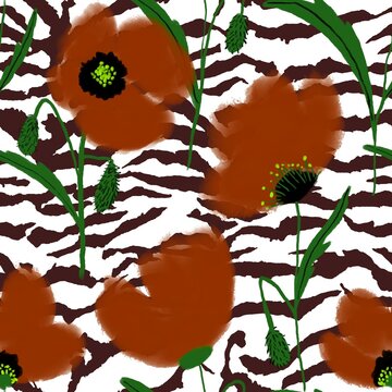 Abstract Digital Painting Poppy Flowers and Leaves Seamless Textile Pattern with Zebra Tiger Stripes Animal Skin Background