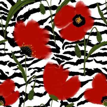 Abstract Digital Painting Poppy Flowers and Leaves Seamless Textile Pattern with Zebra Tiger Stripes Animal Skin Background