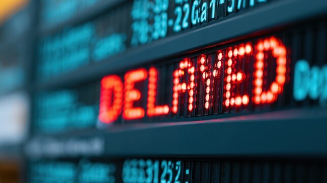The Delayed Flight Information Board Illuminates Airport Terminal Signage In Blue and Red
