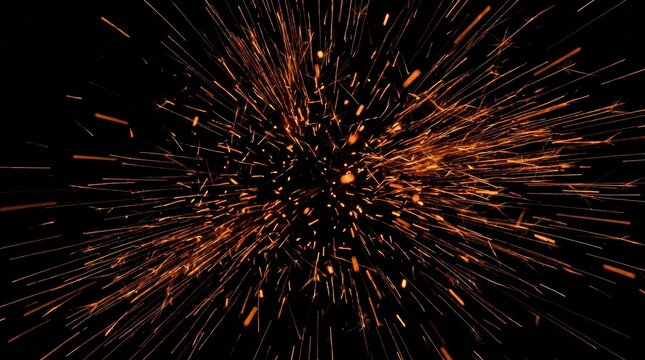Bright orange sparks flying in all directions against a deep black background