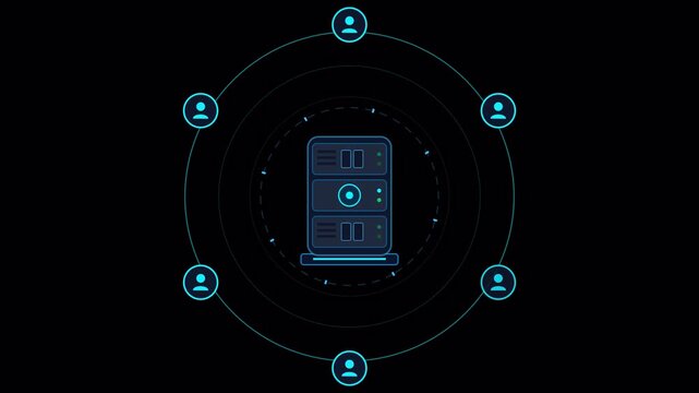 Data server network animation with user icons on transparent background. 4K alpha channel