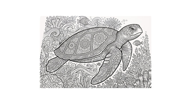 Swimming Sea Turtle Zentangle Adult Coloring Page Black Line Art