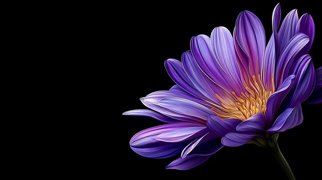 Purple and yellow flower with petals radiating bright colors on dark background radiant