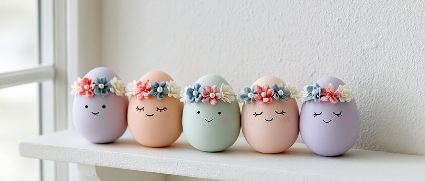 Five pastel-colored decorated eggs with cartoon faces and flower crowns arranged in a row on a white shelf near a window