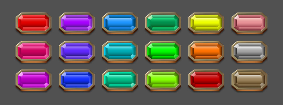 Faceted Gemstone Mobile Game UI Button Set in Golden Frames, Editable AI file