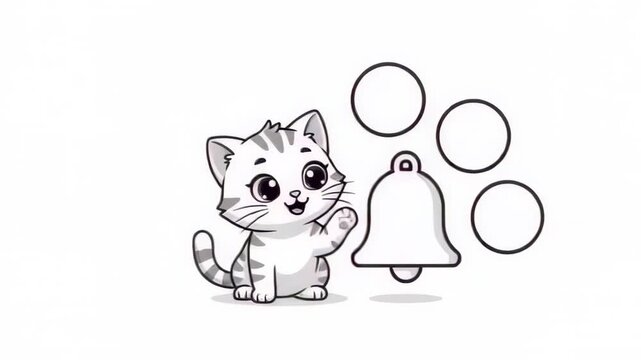 Cute cartoon cat sitting next to a floating bell on white background