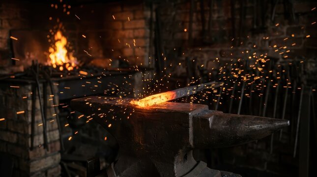 Glowing hot metal piece on an anvil in a blacksmith workshop with sparks flying around