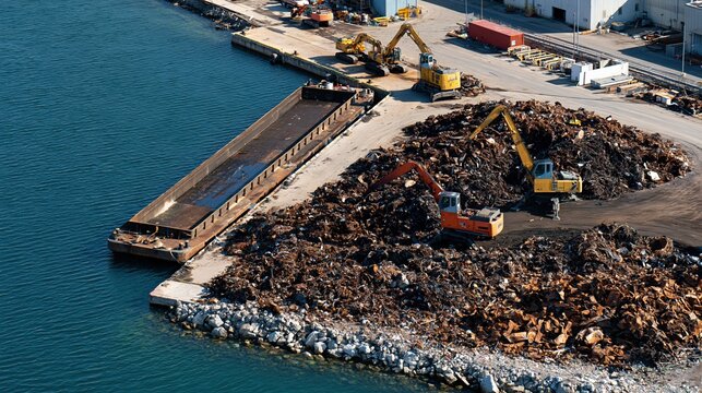 Riverside recycling facility with cargo barge and excavators loading scrap metal