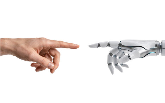 Human finger and robotic hand reaching isolated on transparent background