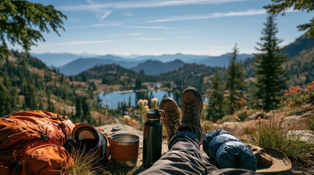 Person's hiking boots resting during mountain lake vista with backpack and camping gear during sunny day